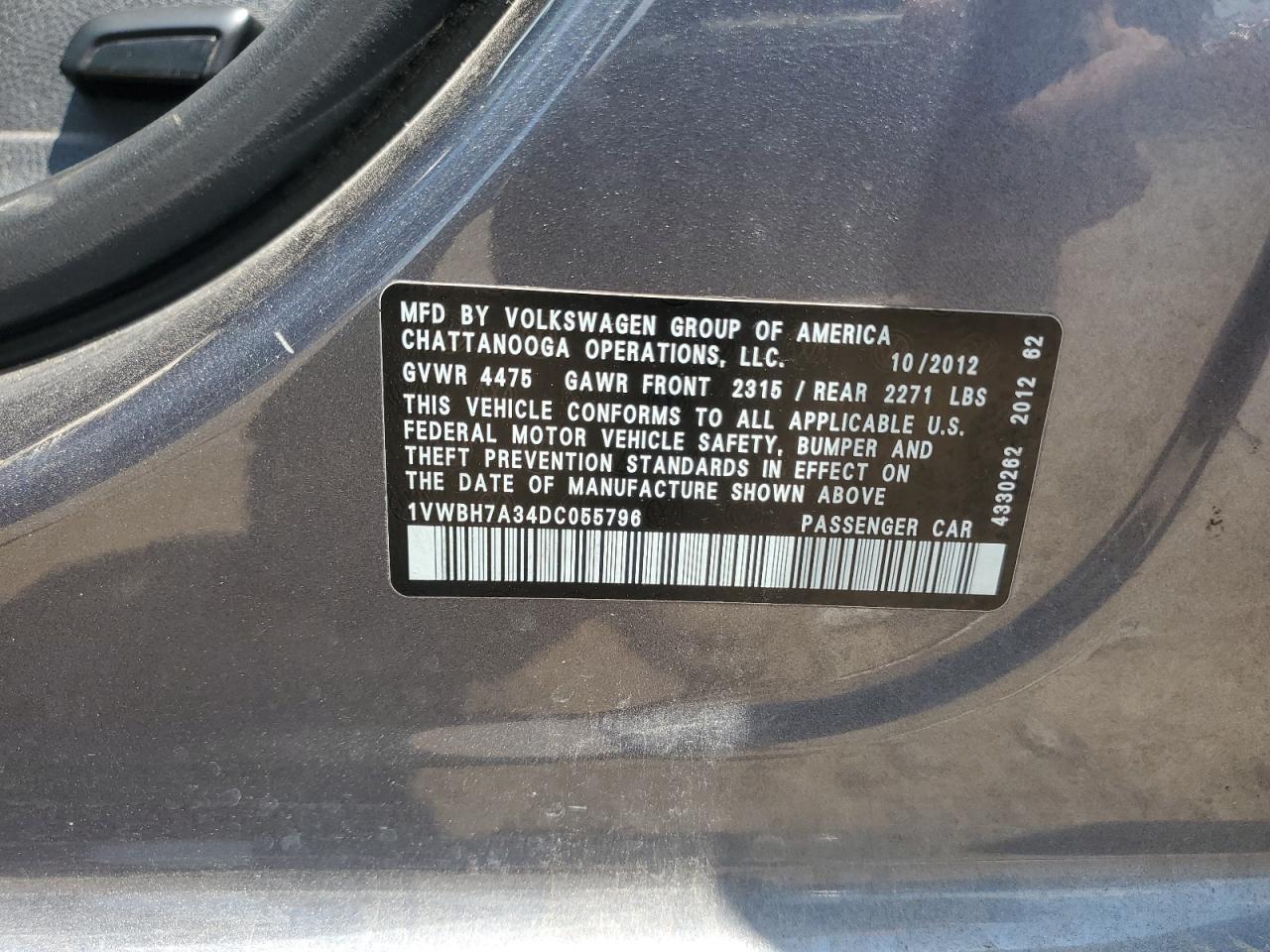 2013 Volkswagen Passat Se VIN: 1VWBH7A34DC055796 Lot: 62489625