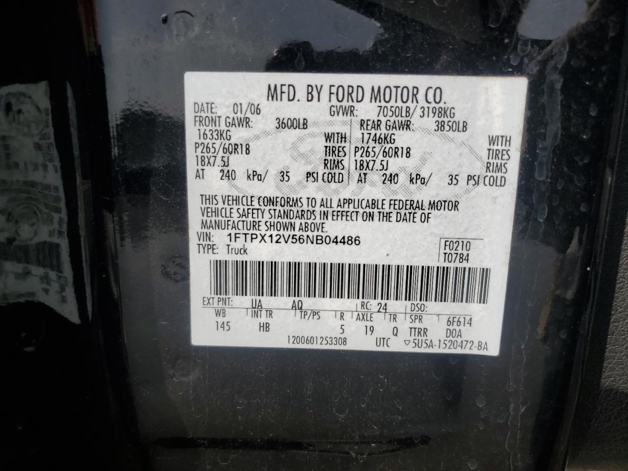 2006 Ford F150 VIN: 1FTPX12V56NB04486 Lot: 62703795
