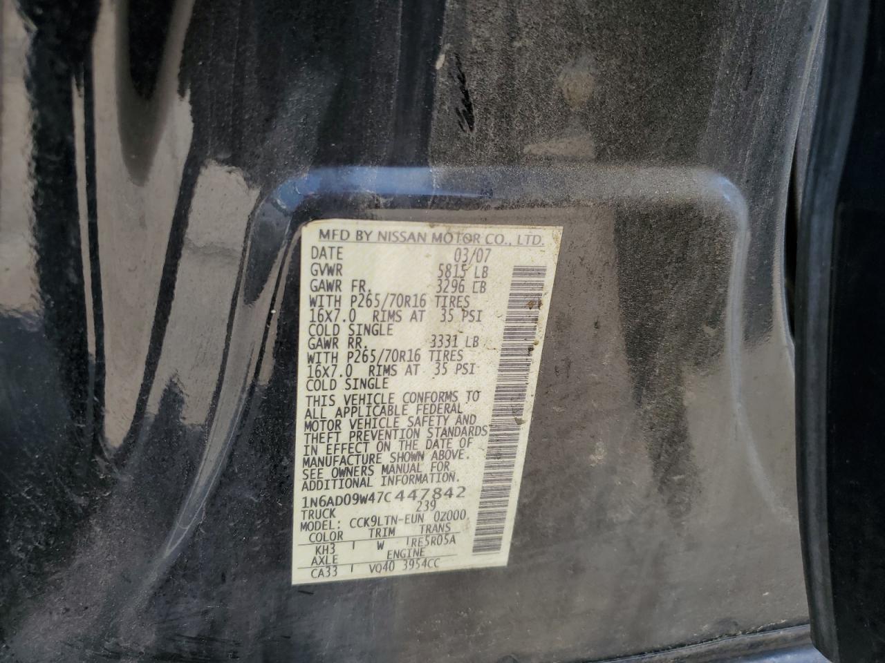 NISSAN FRONTIER 2007 VIN 1N6AD09W47C447842 фото 12