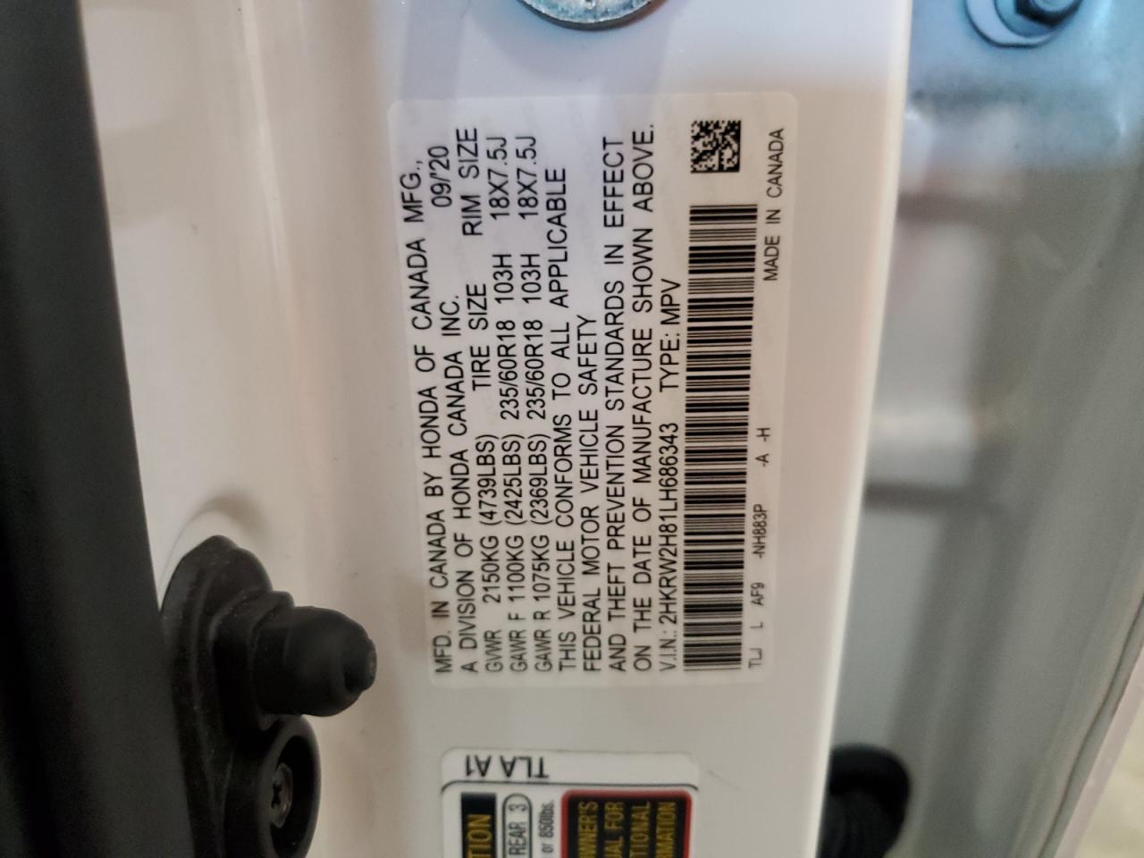 2020 Honda Cr-V Exl VIN: 2HKRW2H81LH686343 Lot: 62900215