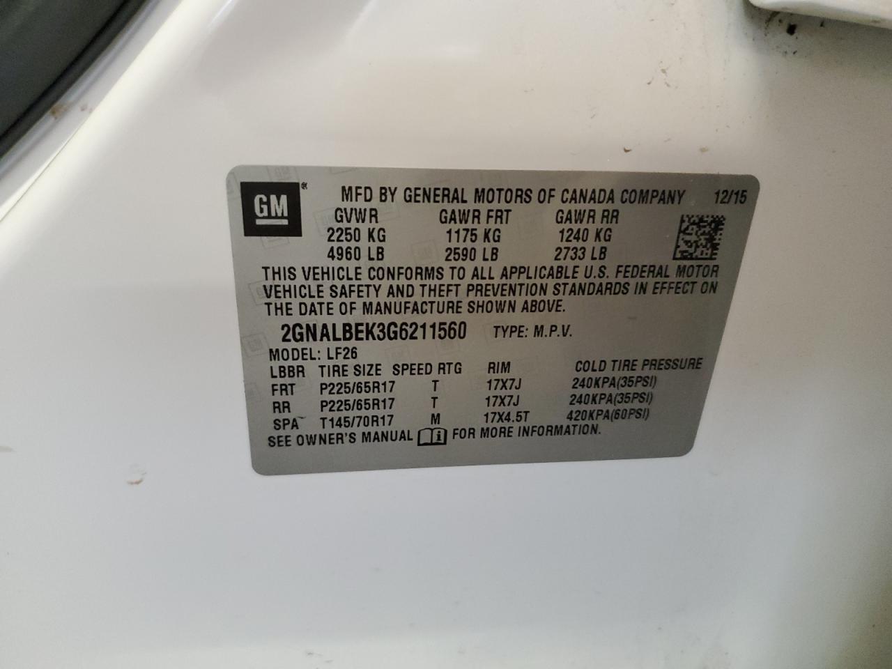 CHEVROLET EQUINOX 2016 VIN 2GNALBEK3G6211560 фото 14