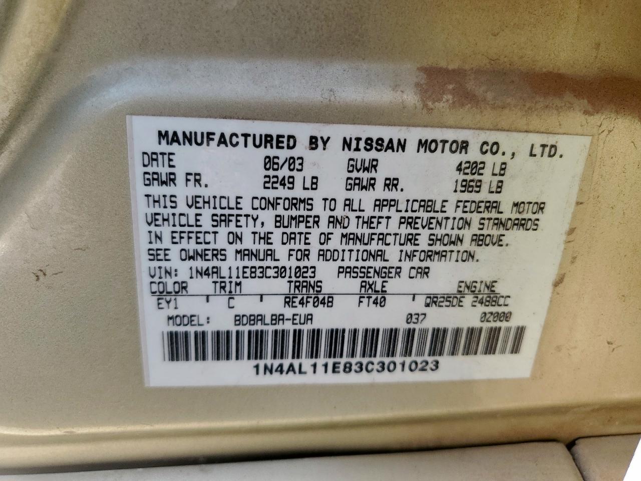 2003 Nissan Altima Base VIN: 1N4AL11E83C301023 Lot: 60524565