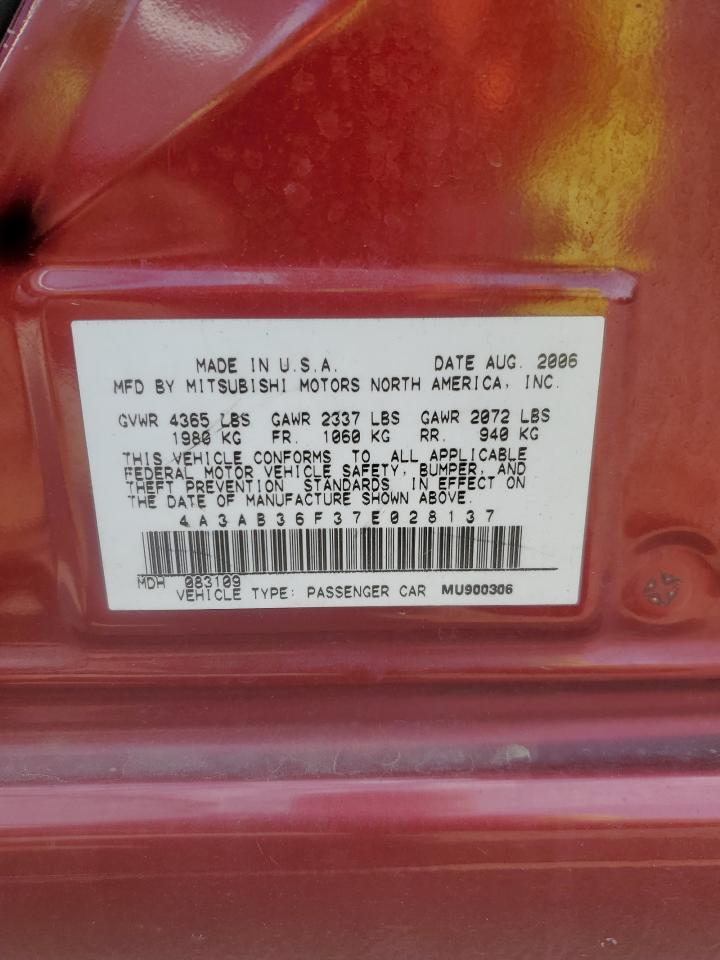 2007 Mitsubishi Galant Es VIN: 4A3AB36F37E028137 Lot: 60062585