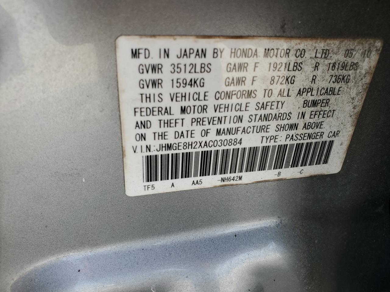 2010 Honda Fit VIN: JHMGE8H2XAC030884 Lot: 59412475