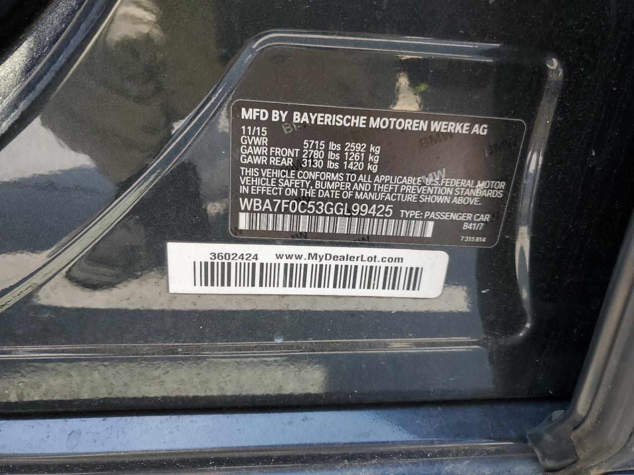 2016 BMW 750 I VIN: WBA7F0C53GGL99425 Lot: 59640465