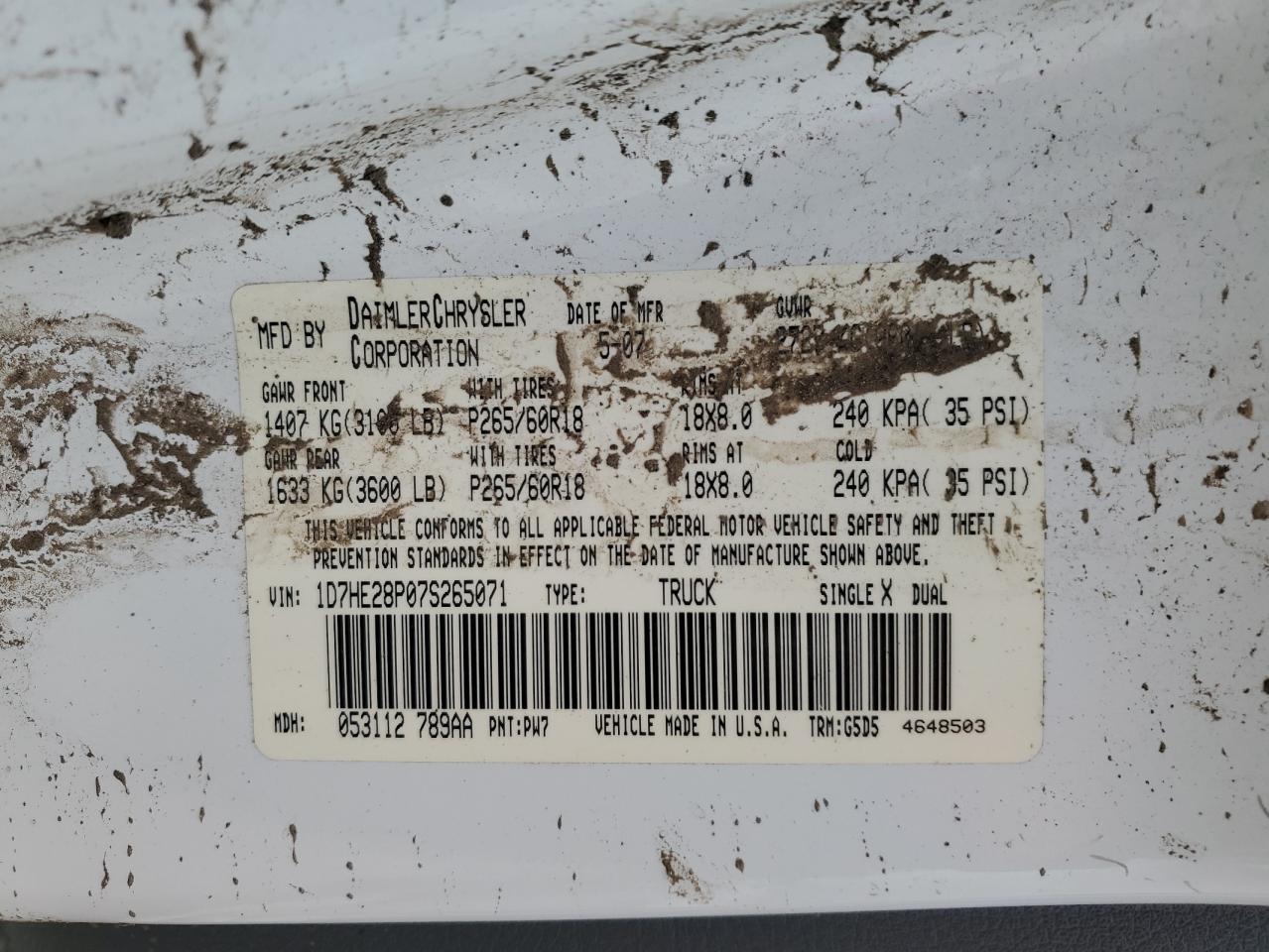 2007 Dodge Dakota Quad VIN: 1D7HE28P07S265071 Lot: 60628275