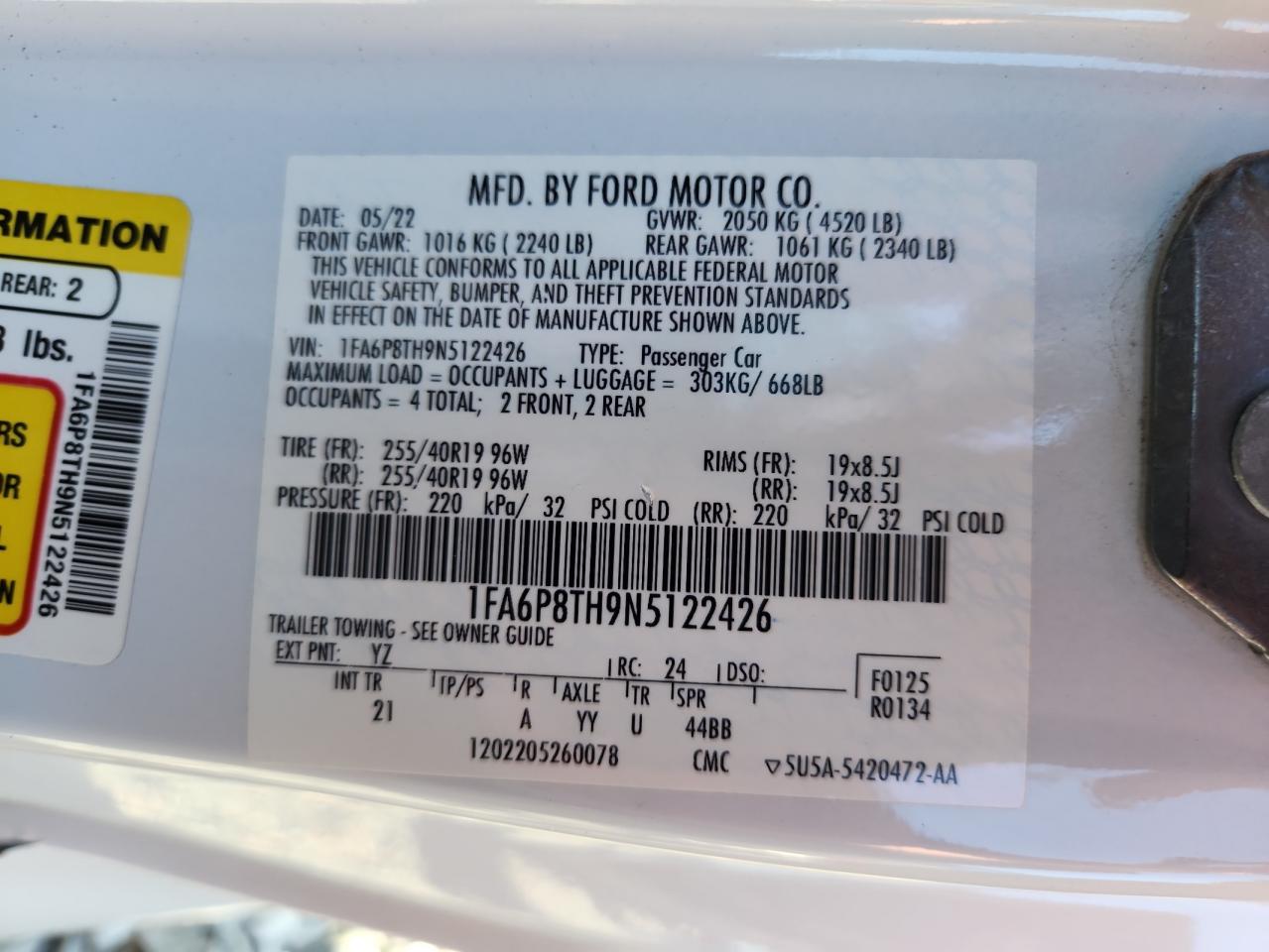 2022 Ford Mustang VIN: 1FA6P8TH9N5122426 Lot: 60268085