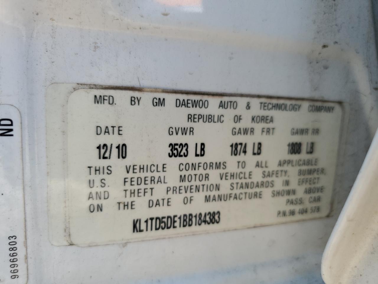 2011 Chevrolet Aveo Ls VIN: KL1TD5DE1BB184383 Lot: 59961985