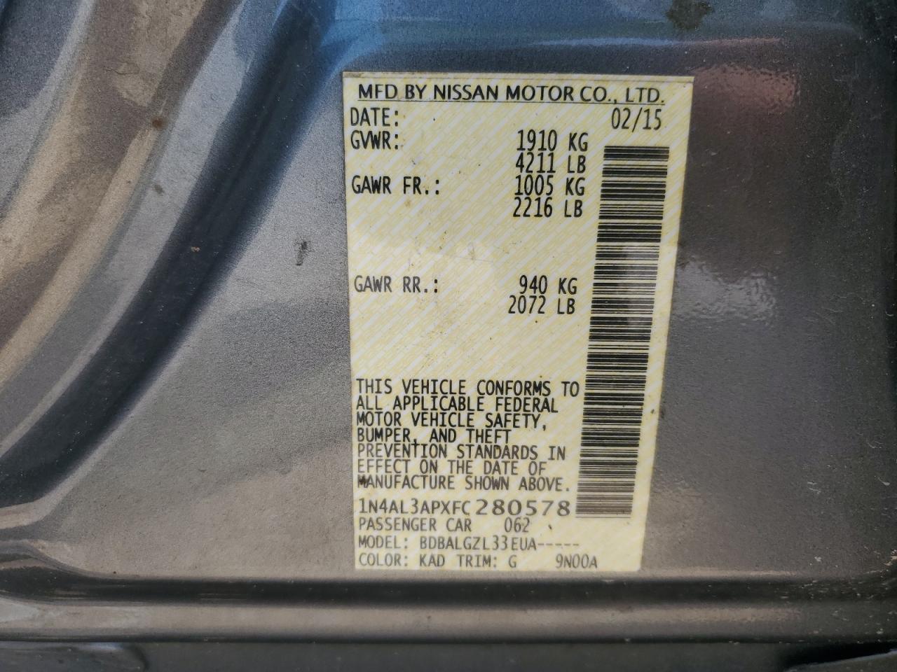 2015 Nissan Altima 2.5 VIN: 1N4AL3APXFC280578 Lot: 90722365