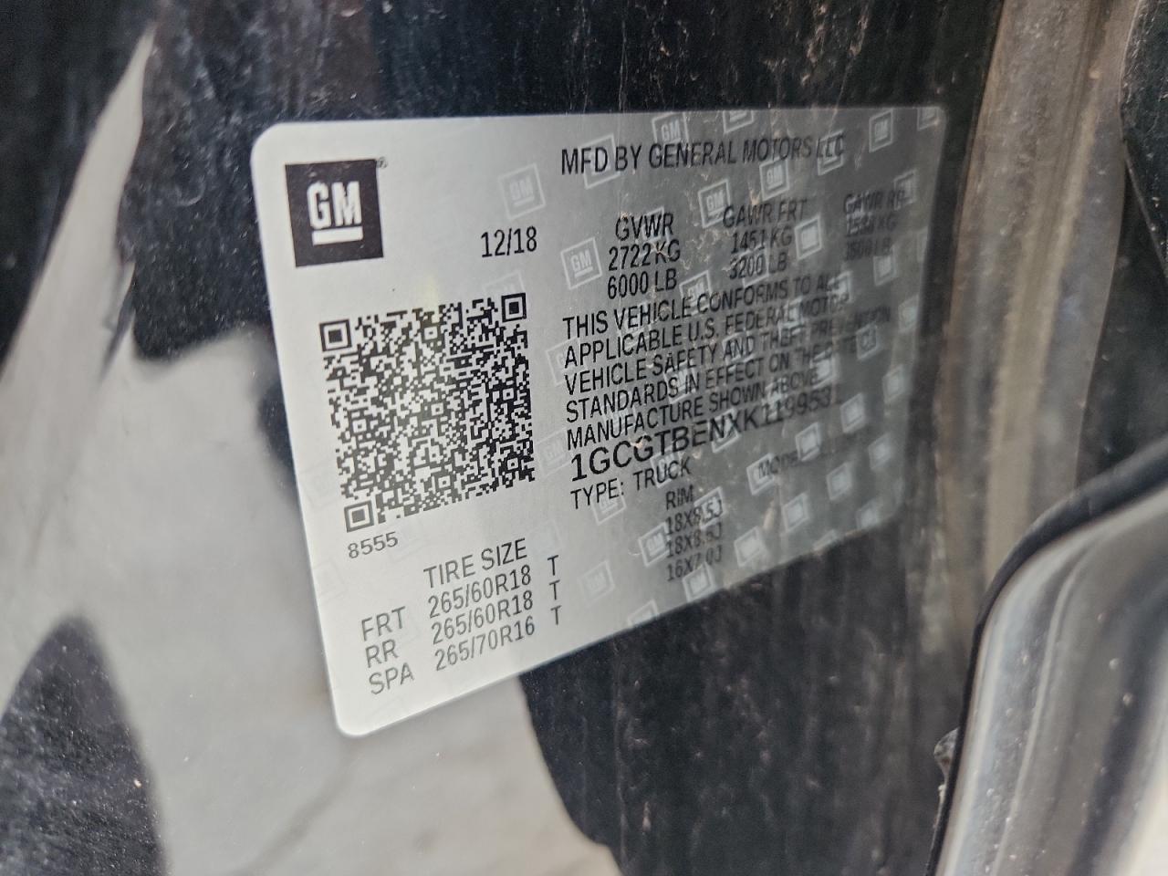 2019 Chevrolet Colorado VIN: 1GCGTBENXK1199531 Lot: 62195515