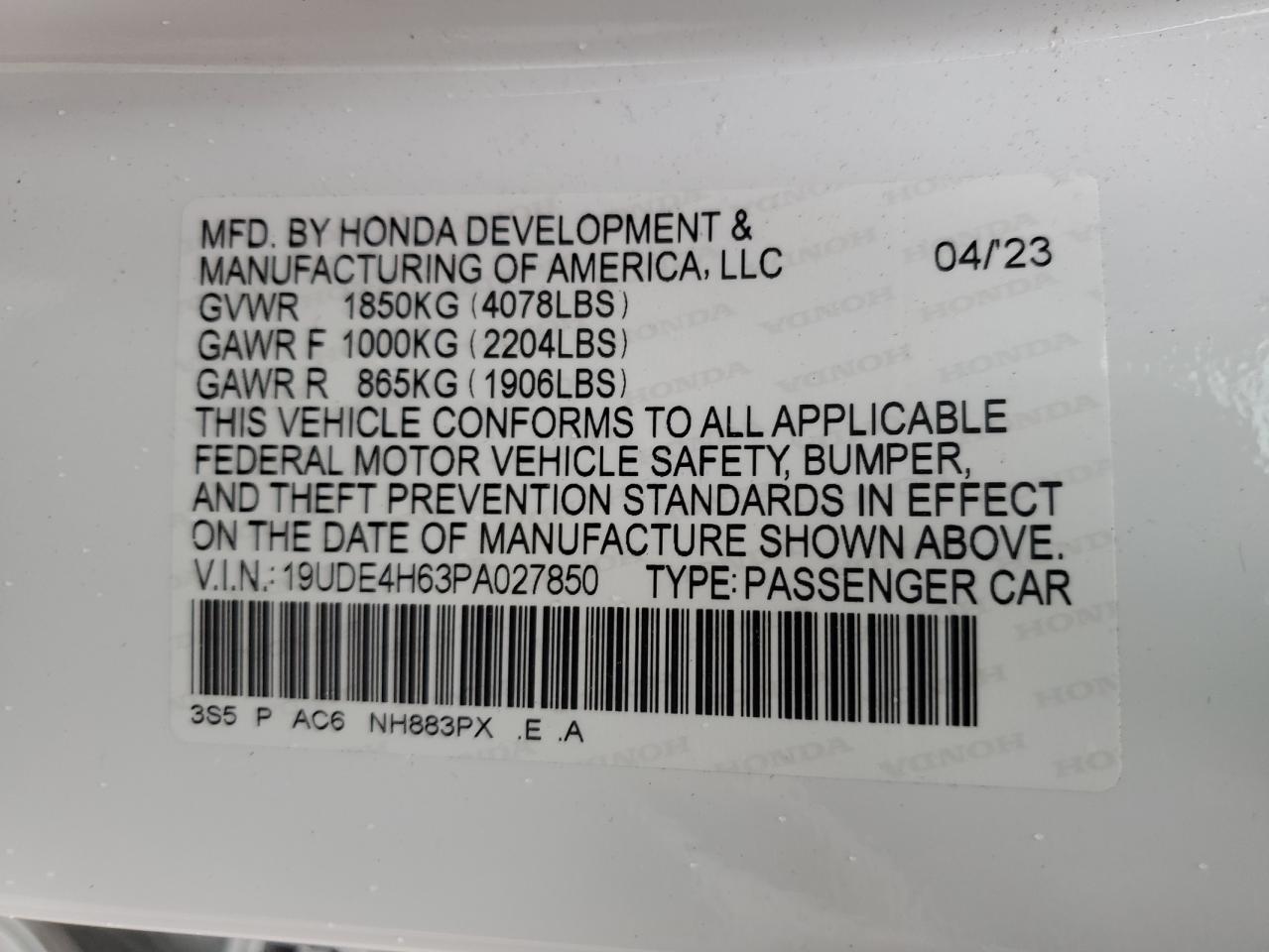 2023 Acura Integra A-Spec Tech VIN: 19UDE4H63PA027850 Lot: 60934035