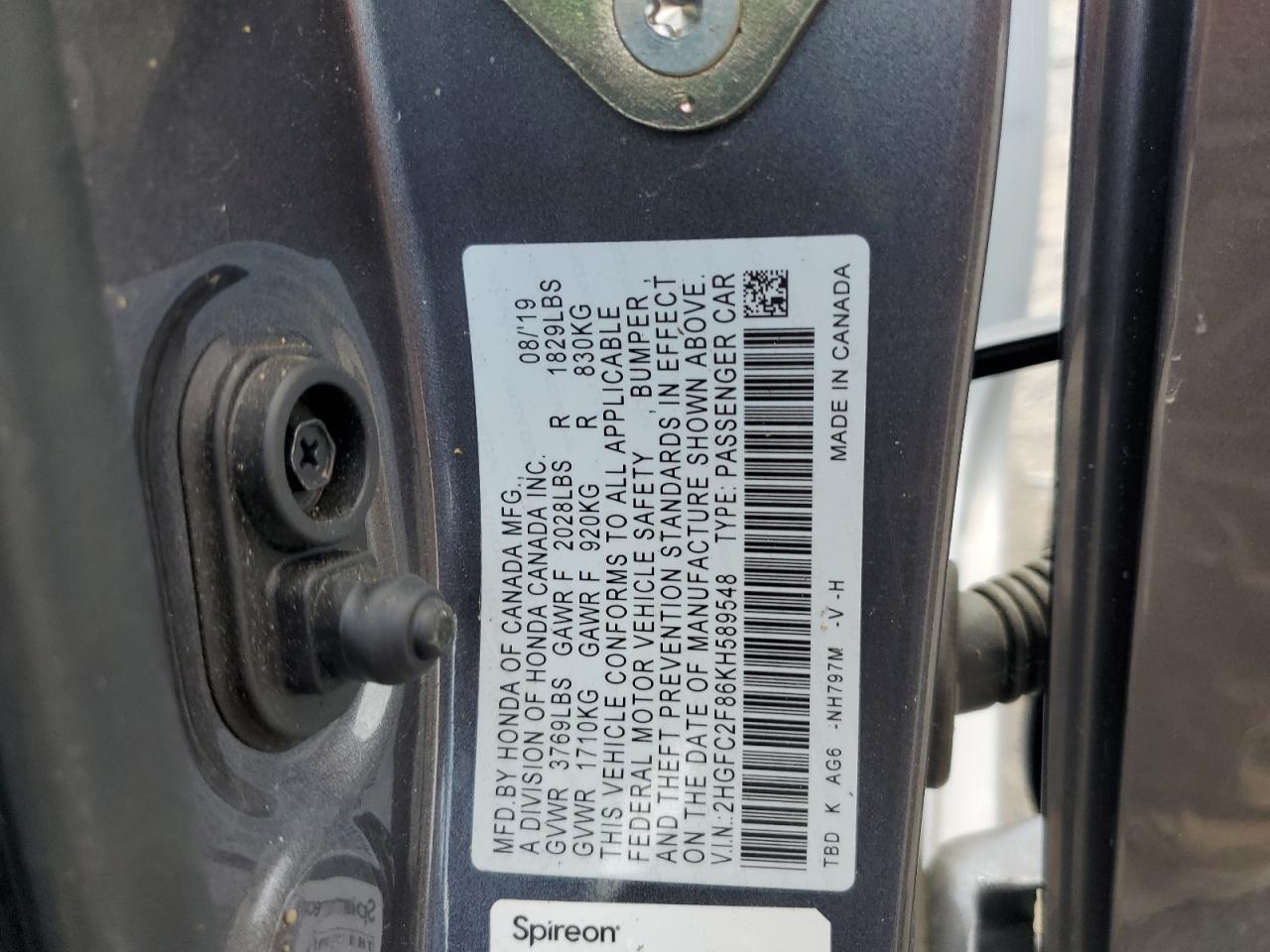 2019 Honda Civic Sport VIN: 2HGFC2F86KH589548 Lot: 60622605