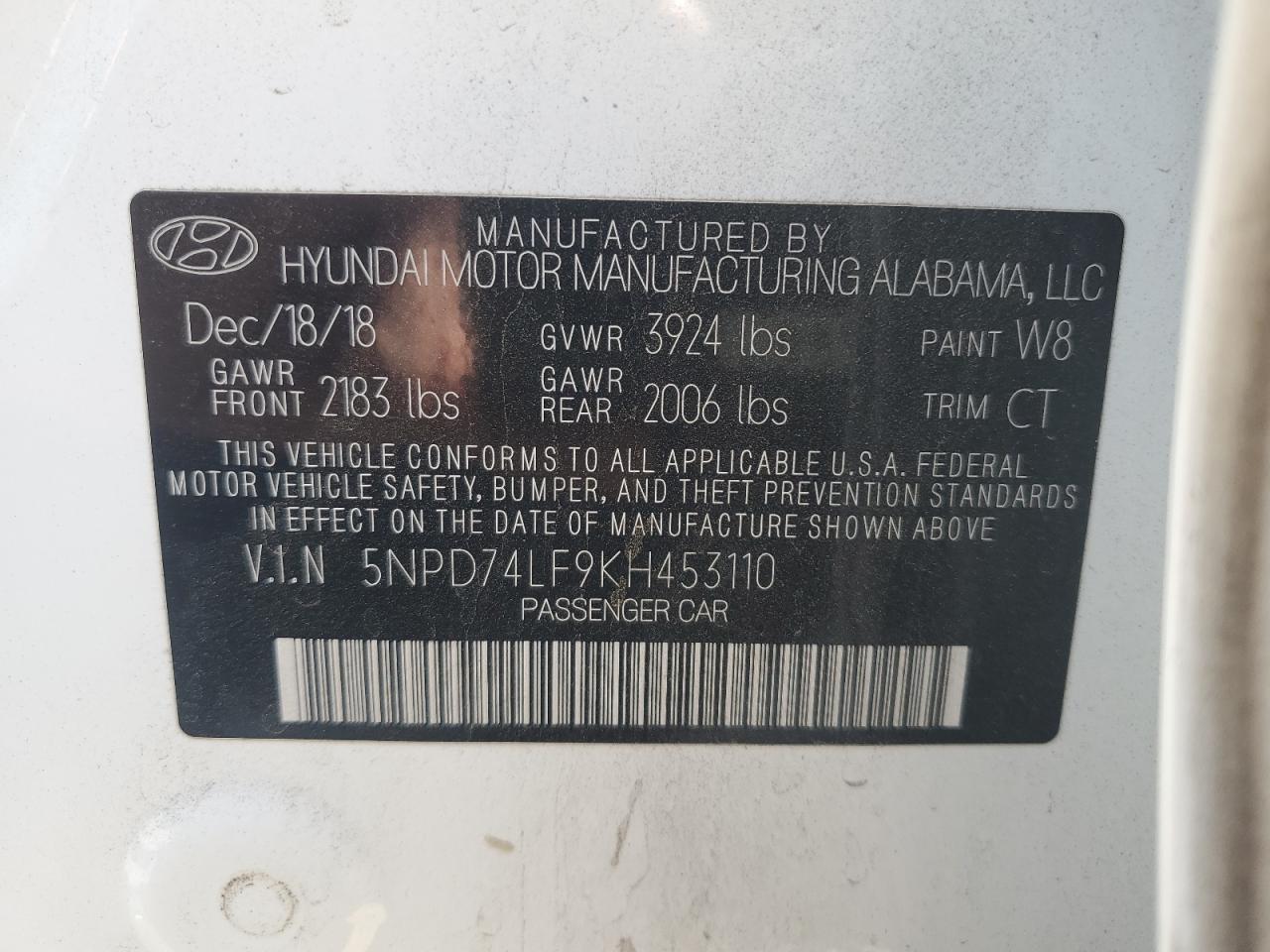 2019 Hyundai Elantra Se VIN: 5NPD74LF9KH453110 Lot: 61613405
