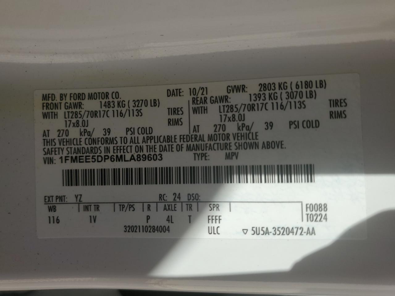 2021 Ford Bronco Base VIN: 1FMEE5DP6MLA89603 Lot: 62110045