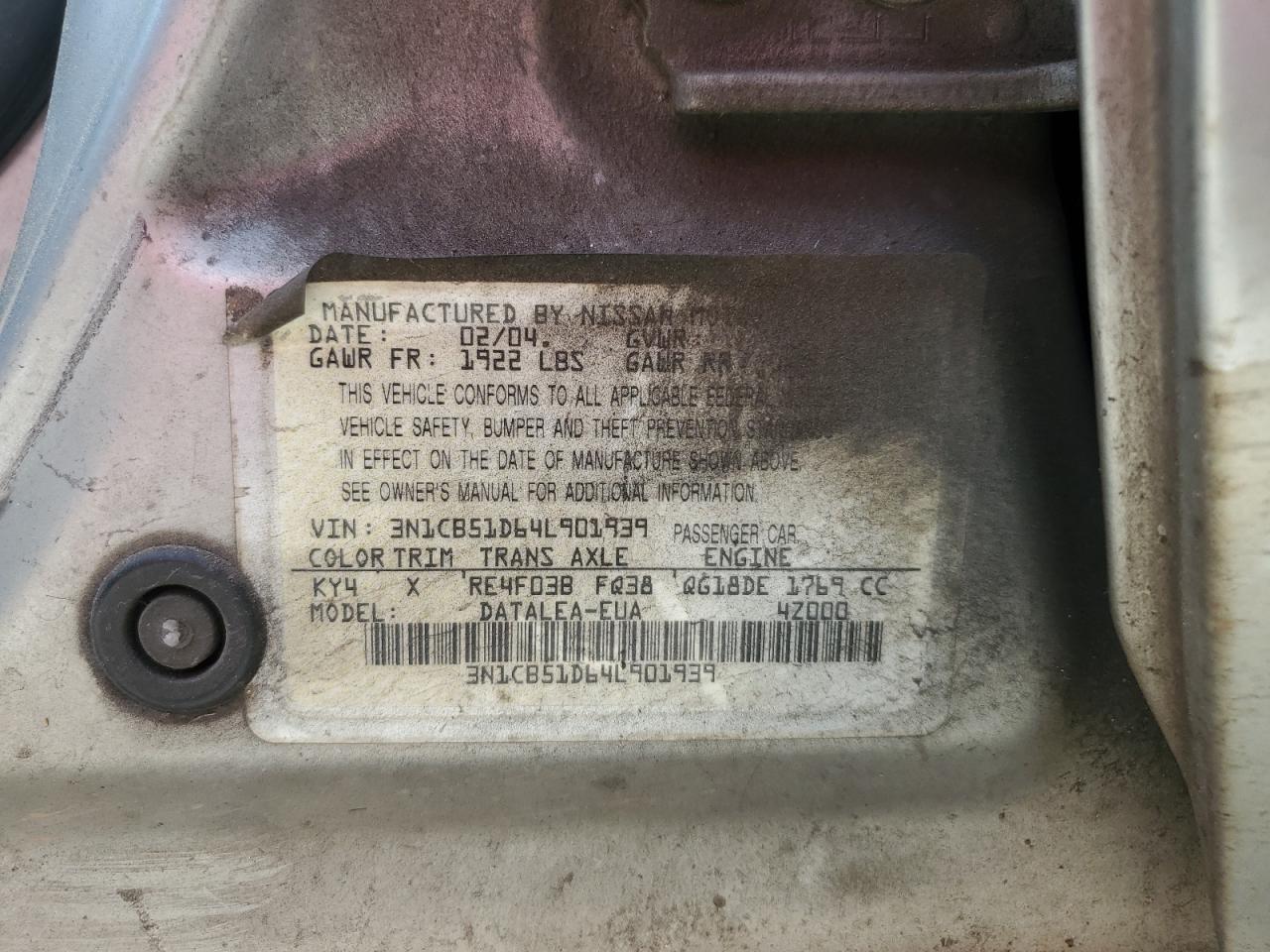 2004 Nissan Sentra 1.8 VIN: 3N1CB51D64L901939 Lot: 60154285