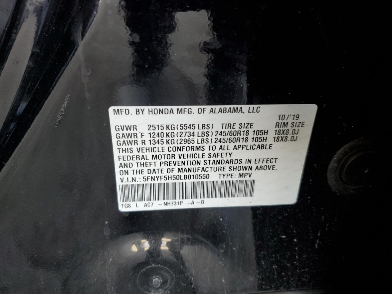 2020 Honda Pilot Exl VIN: 5FNYF5H50LB010550 Lot: 60752085