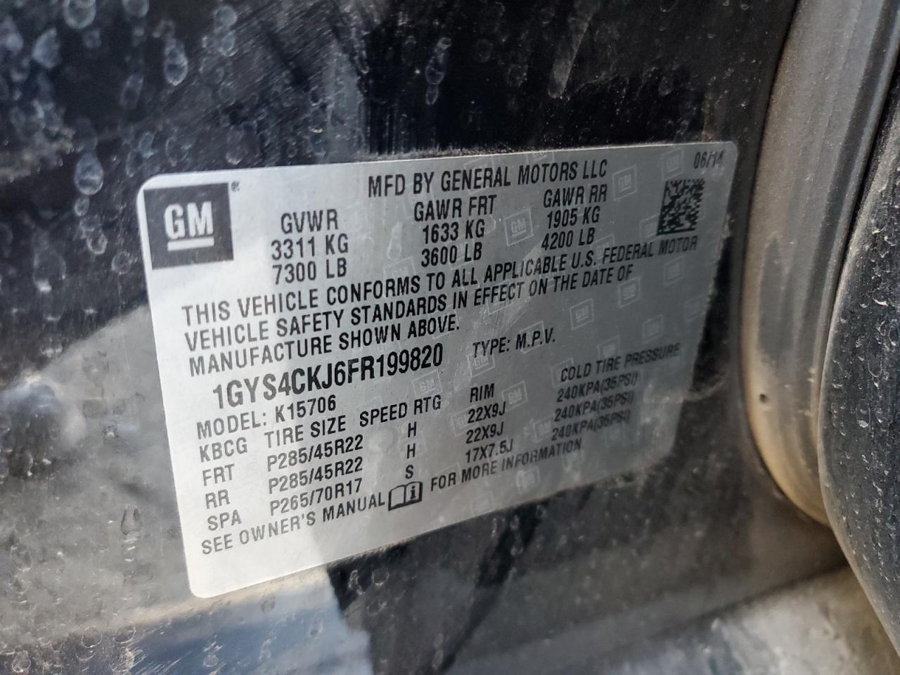 2015 Cadillac Escalade Premium VIN: 1GYS4CKJ6FR199820 Lot: 59918815