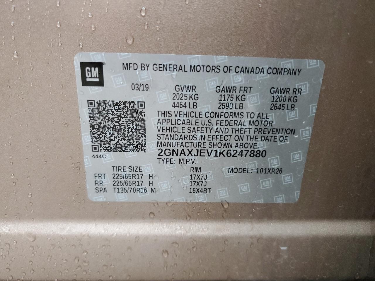 2019 Chevrolet Equinox Lt VIN: 2GNAXJEV1K6247880 Lot: 61622165