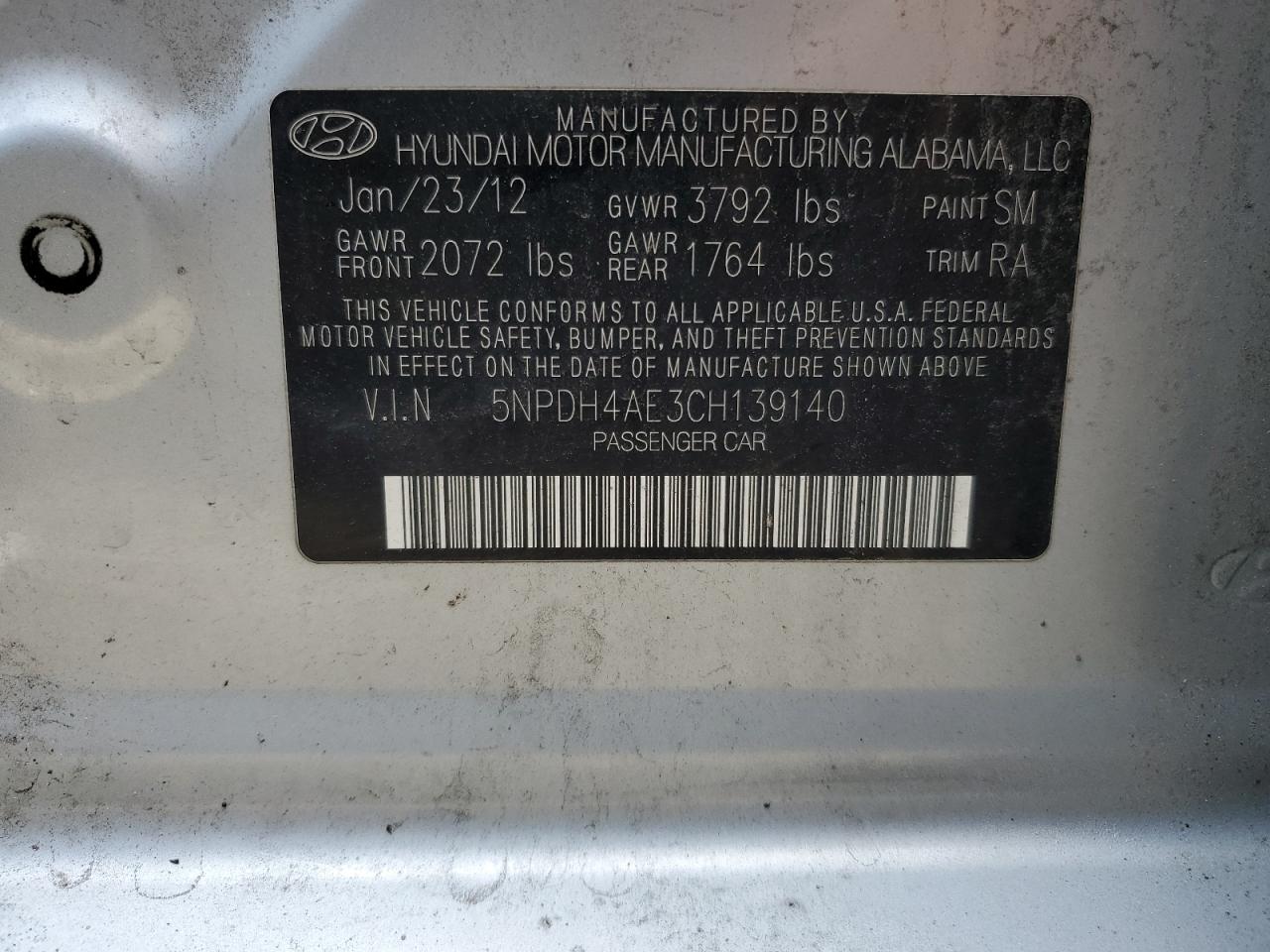2012 Hyundai Elantra Gls VIN: 5NPDH4AE3CH139140 Lot: 59968545