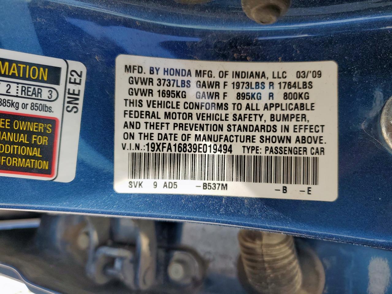 2009 Honda Civic Ex VIN: 19XFA16839E019494 Lot: 62151915