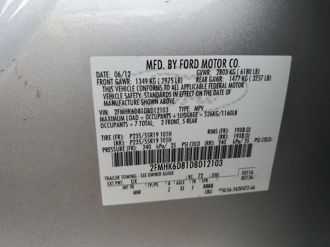 2013 Ford Flex Limited VIN: 2FMHK6D81DBD12103 Lot: 61647105
