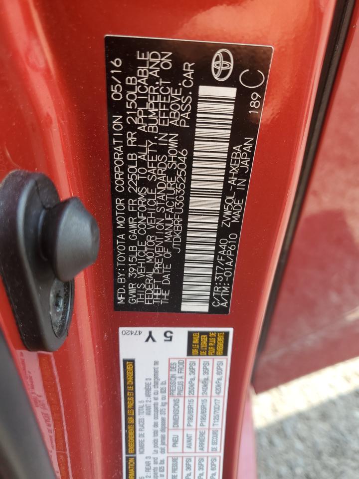 2016 Toyota Prius VIN: JTDKBRFU3G3525046 Lot: 62880165