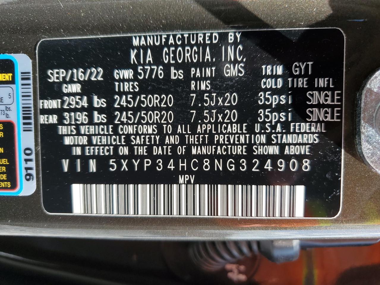 2022 Kia Telluride Ex VIN: 5XYP34HC8NG324908 Lot: 61273595