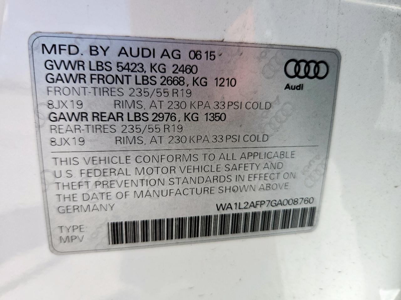 2016 Audi Q5 Premium Plus VIN: WA1L2AFP7GA008760 Lot: 63237915