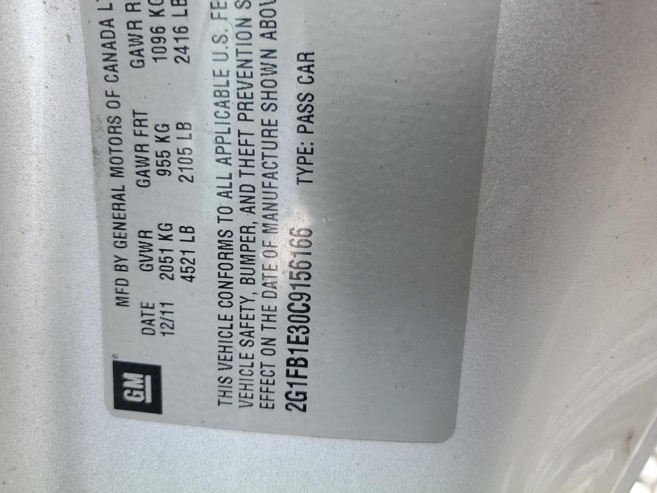 2012 Chevrolet Camaro Lt VIN: 2G1FB1E30C9156166 Lot: 60277975