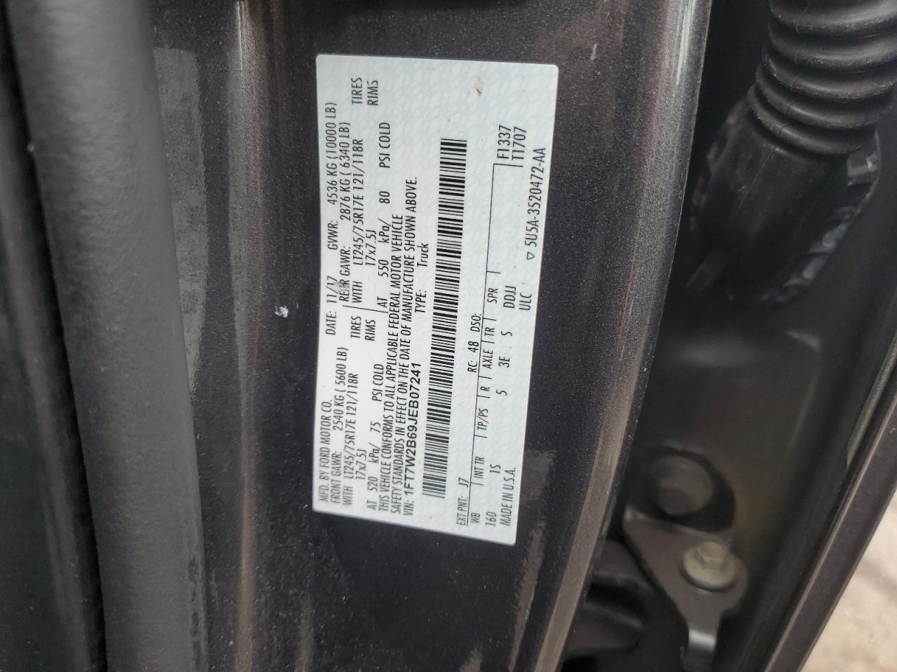 2018 Ford F250 Super Duty VIN: 1FT7W2B69JEB07241 Lot: 62393825
