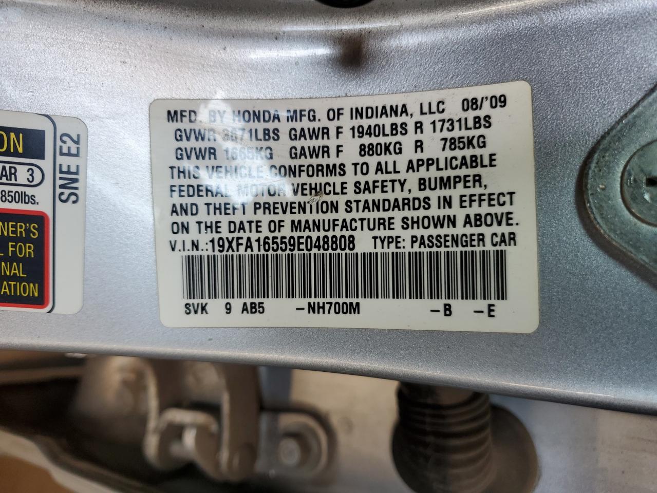 2009 Honda Civic Lx VIN: 19XFA16559E048808 Lot: 63103285