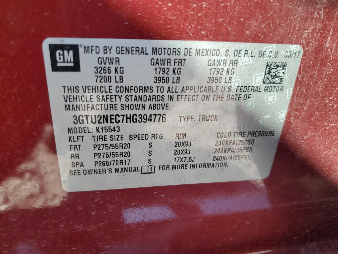 2017 GMC Sierra K1500 Slt VIN: 3GTU2NEC7HG394776 Lot: 62013335