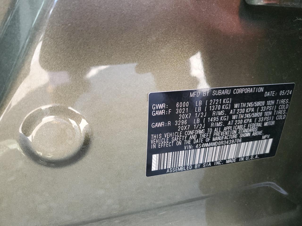 2024 Subaru Ascent Touring VIN: 4S4WMAWD0R3439706 Lot: 61502265