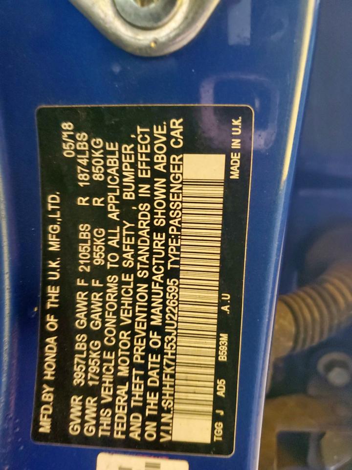 2018 Honda Civic Ex VIN: SHHFK7H53JU226595 Lot: 60639255