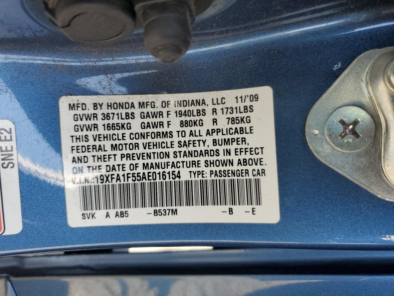 HONDA CIVIC 2010 VIN 19XFA1F55AE016154 zdjęcie 12