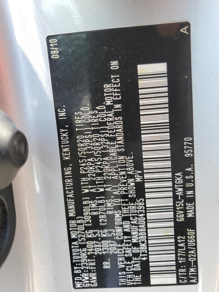 2010 Toyota Venza VIN: 4T3BK3BB8AU043985 Lot: 61399375