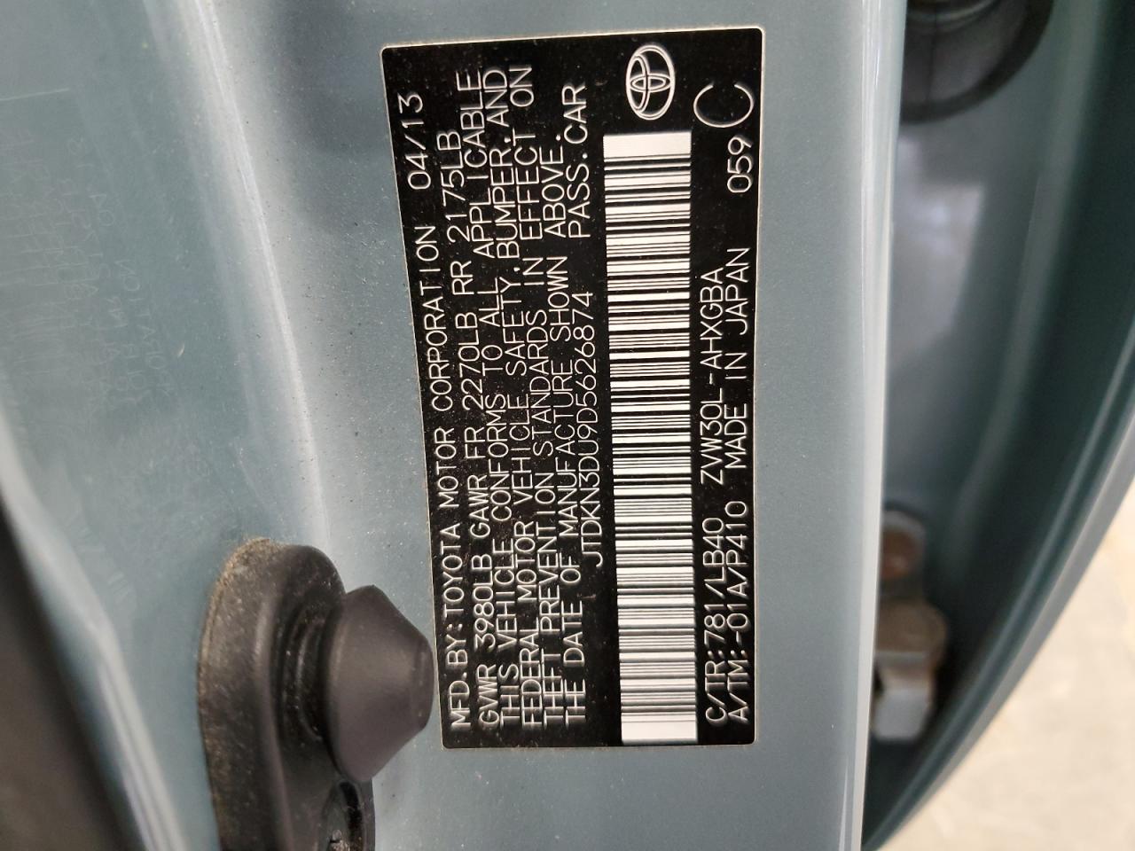 2013 Toyota Prius VIN: JTDKN3DU9D5626874 Lot: 62834065