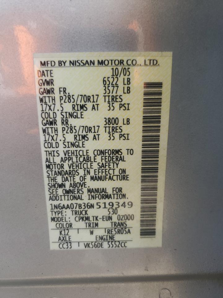 2006 Nissan Titan Xe VIN: 1N6AA07B36N519349 Lot: 62699735