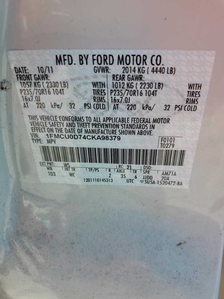 2012 Ford Escape Xlt VIN: 1FMCU0D74CKA98379 Lot: 62271615