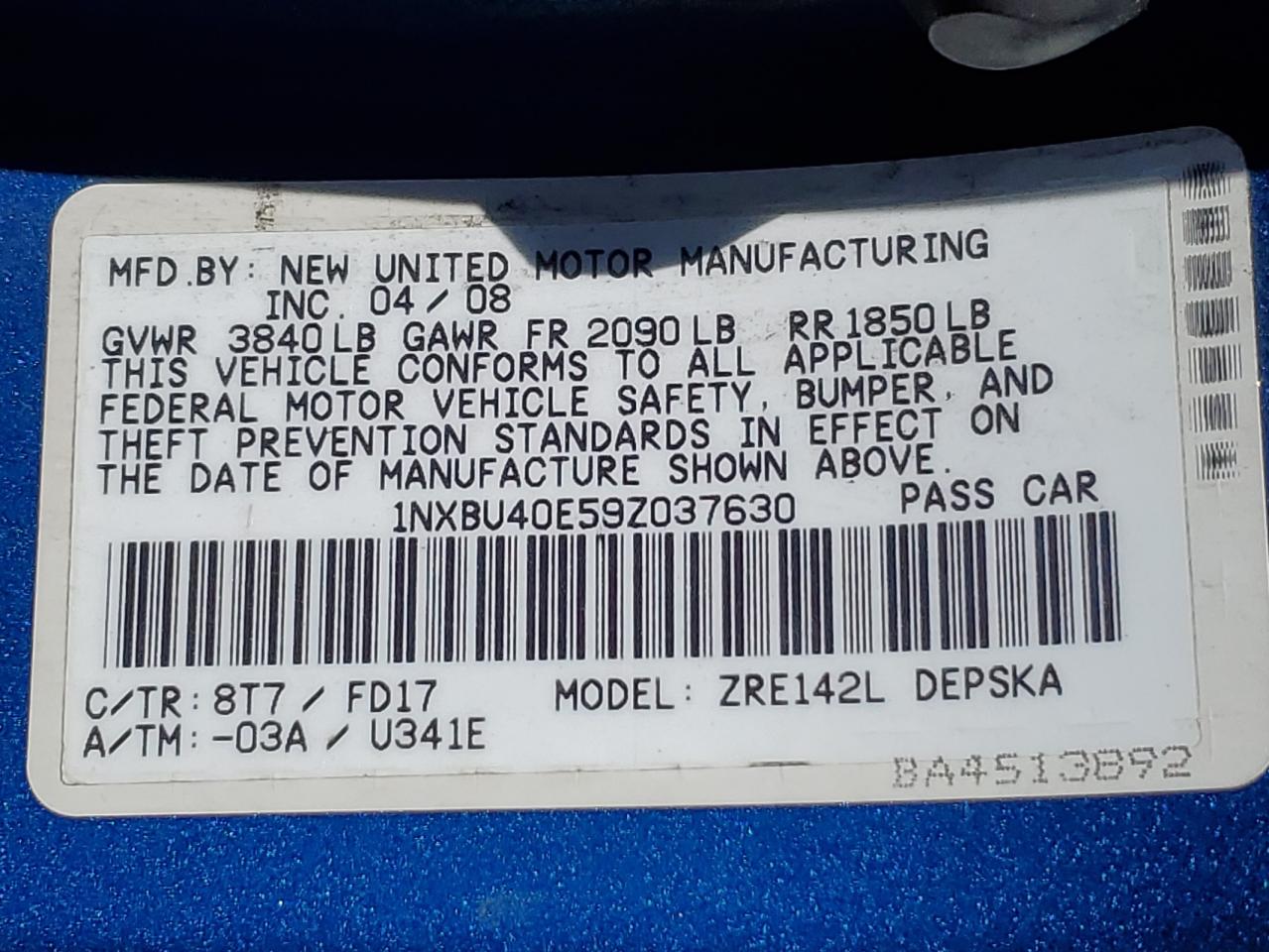2009 Toyota Corolla Base VIN: 1NXBU40E59Z037630 Lot: 62584845