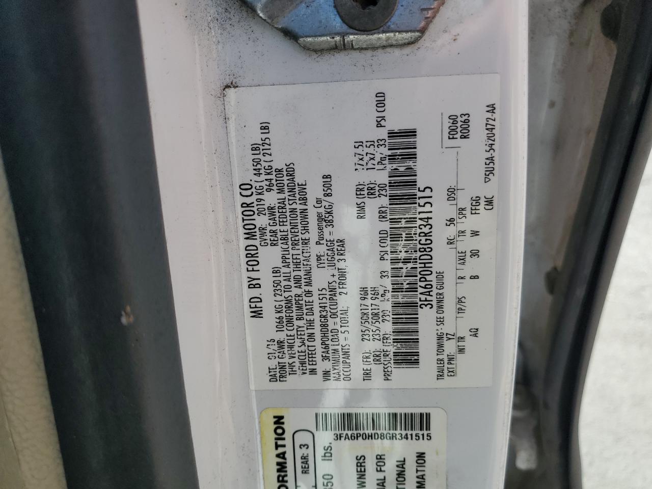 2016 Ford Fusion Se VIN: 3FA6P0HD8GR341515 Lot: 62317305
