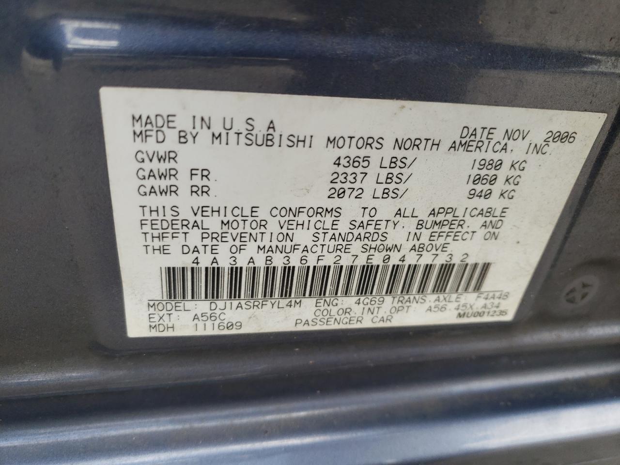 2007 Mitsubishi Galant Es VIN: 4A3AB36F27E047732 Lot: 60892865