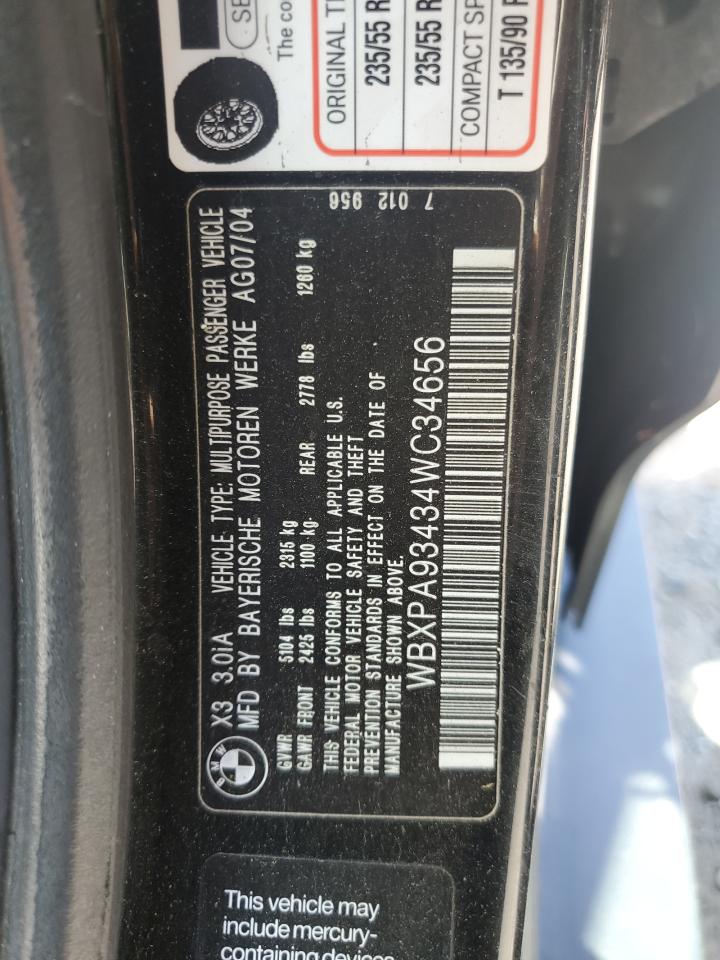 2004 BMW X3 3.0I VIN: WBXPA93434WC34656 Lot: 61893465