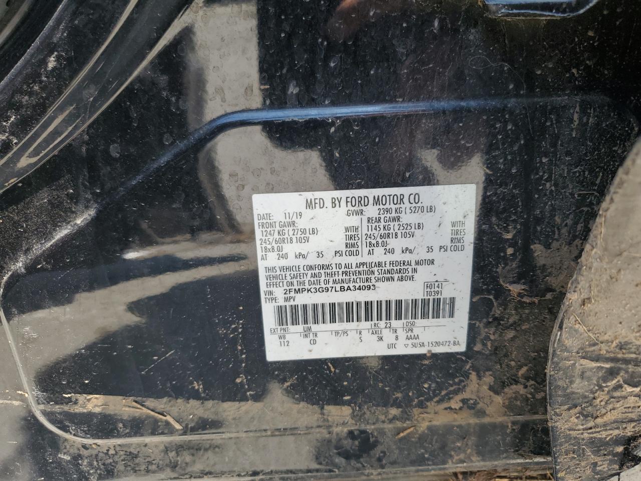 2020 Ford Edge Se VIN: 2FMPK3G97LBA34093 Lot: 61878085