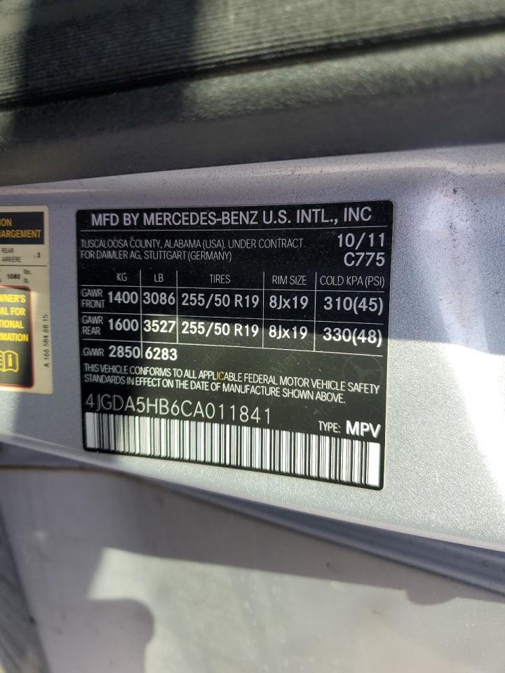 2012 Mercedes-Benz Ml 350 4Matic VIN: 4JGDA5HB6CA011841 Lot: 61405895