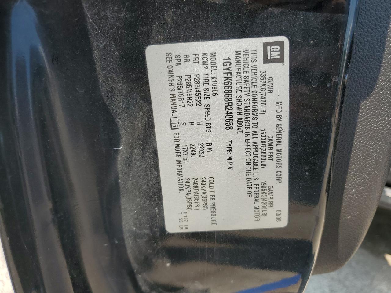 2008 Cadillac Escalade Esv VIN: 1GYFK66868R240658 Lot: 60215745
