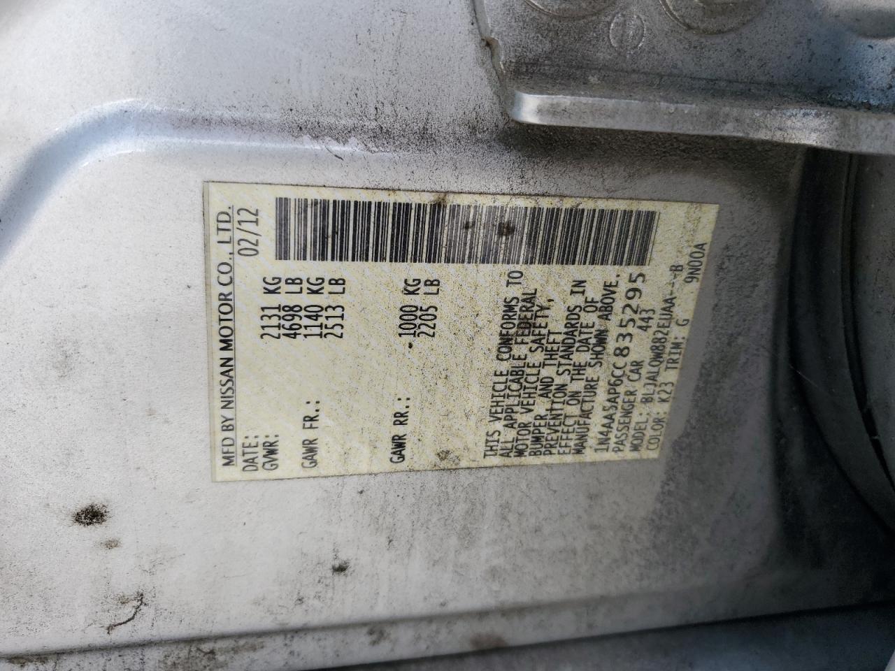 2012 Nissan Maxima S VIN: 1N4AA5AP6CC835295 Lot: 62572395