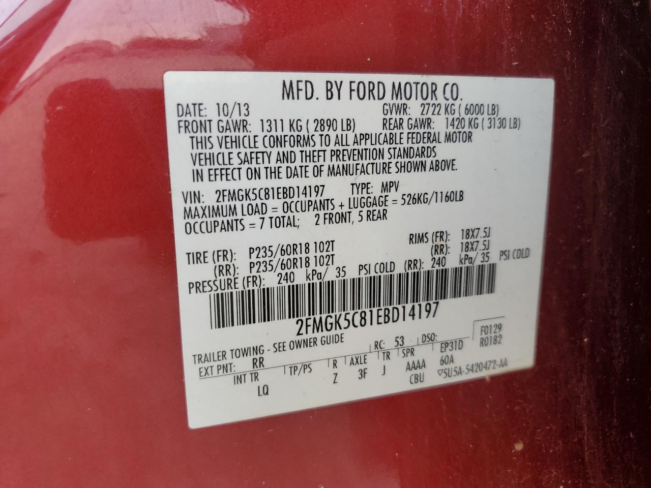 2014 Ford Flex Sel VIN: 2FMGK5C81EBD14197 Lot: 59003045