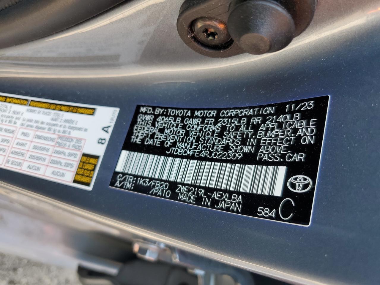 2024 Toyota Corolla Le VIN: JTDBCMFE4RJ022309 Lot: 62847115