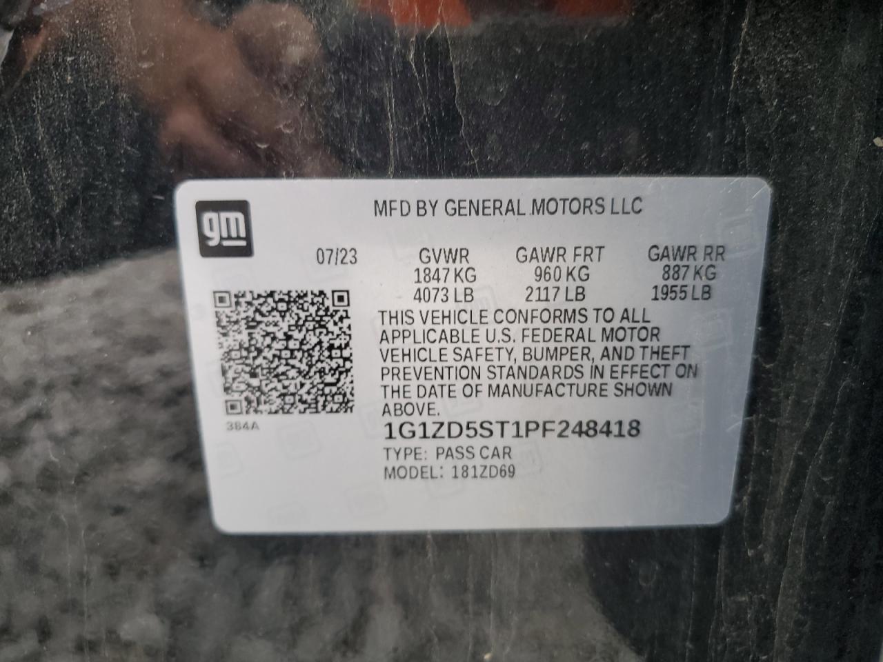 2023 Chevrolet Malibu Lt VIN: 1G1ZD5ST1PF248418 Lot: 61488775